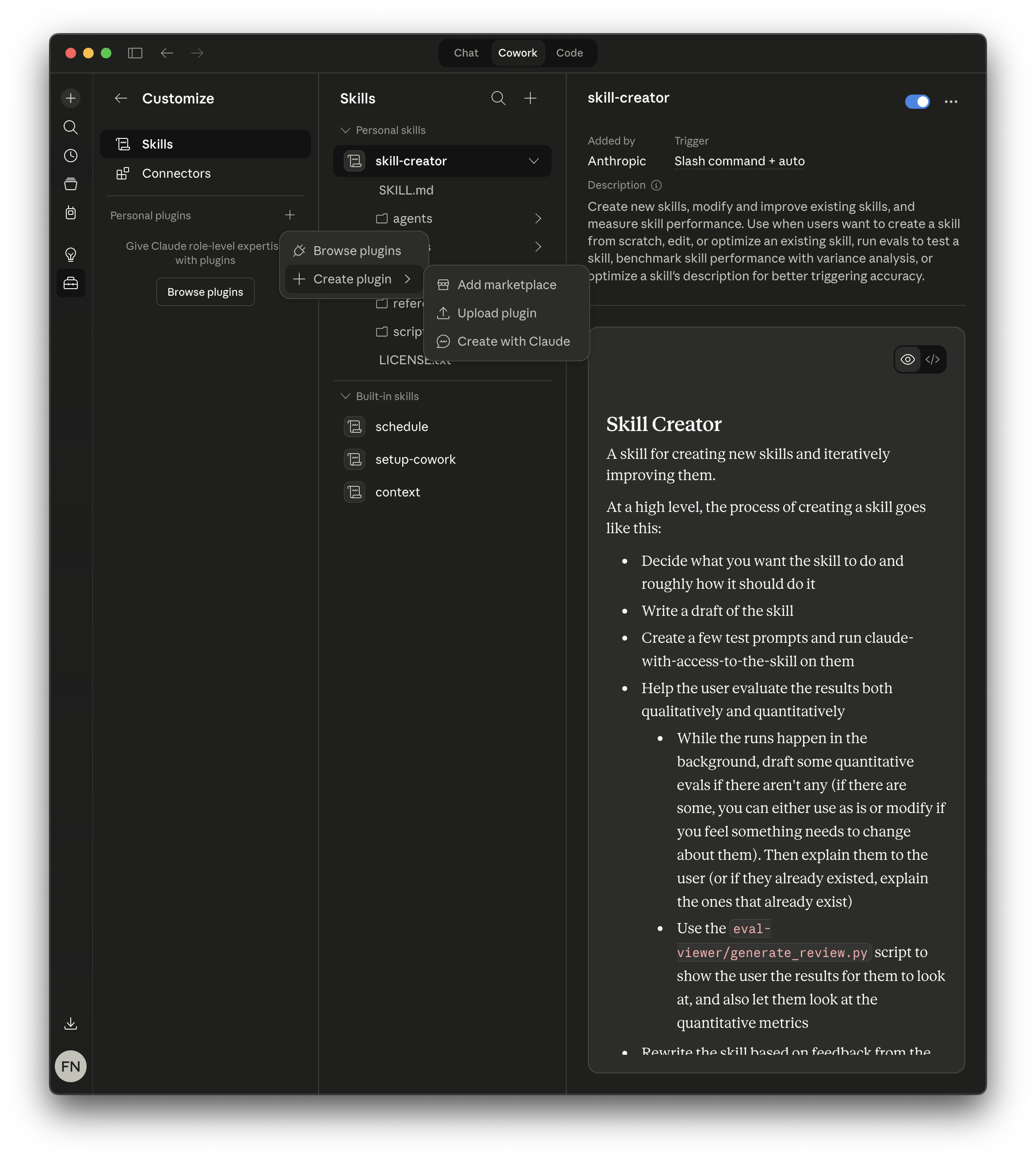 Claude Desktop Customize panel showing the Create plugin menu with Add marketplace, Upload plugin, and Create with Claude options